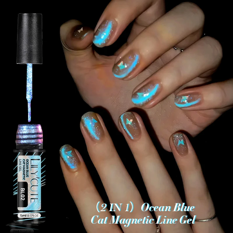 Lilycute 5 ml Auroras Ocean Blue Cat Magnetic Line Gel Gel lak na nechty Super reflexné trblietky nádherné farebné farebné kreslenie nechtov gél