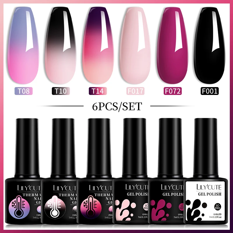 Lilycute 6ks/set tepelného gélu na nechty sada na nechty Zimná teplota Zimná gélová sada nechtov Semi Polovná namáčanie na nechty Art Kit