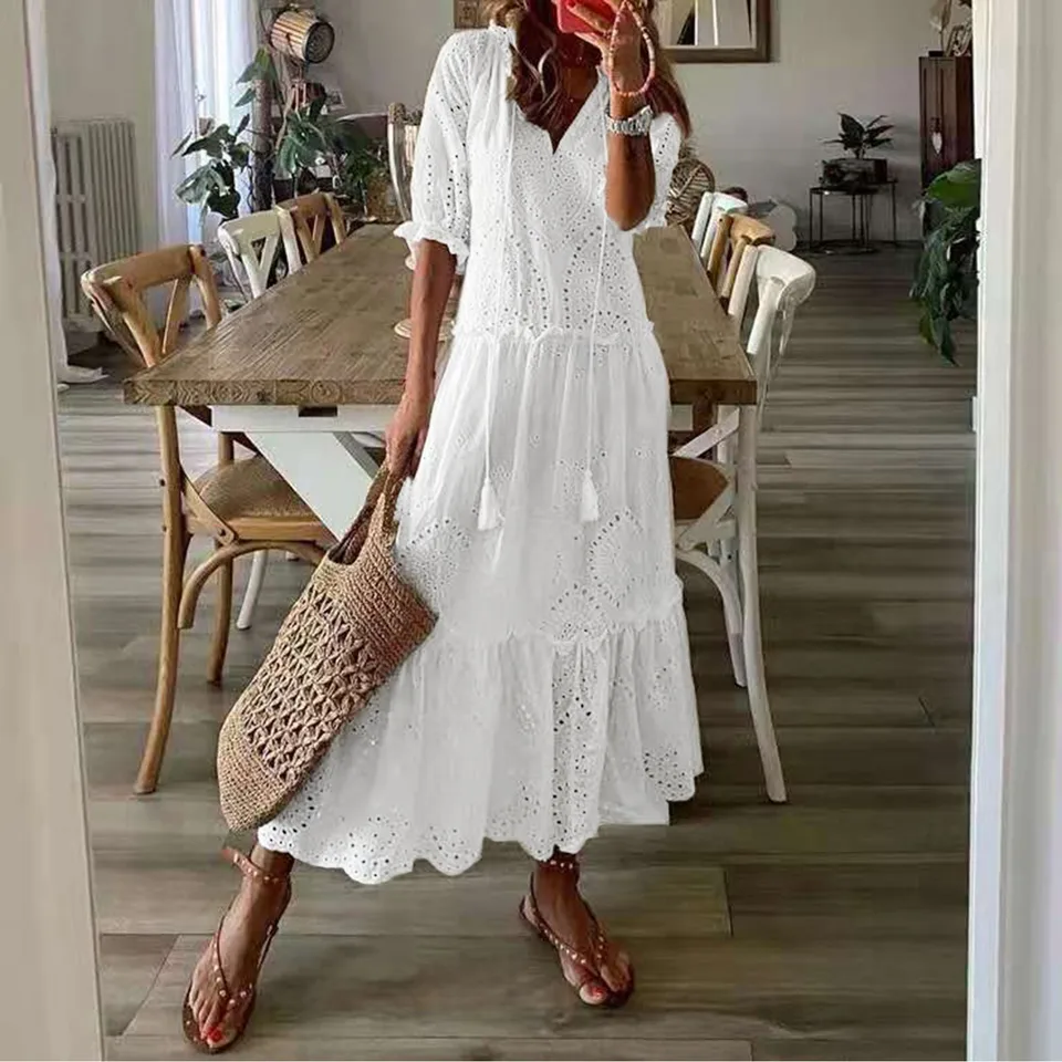 Line biele šaty žena vintage duté boho štýl šnúrky dlhé šaty letné lampa rukáv maxi šaty Vestido feminino