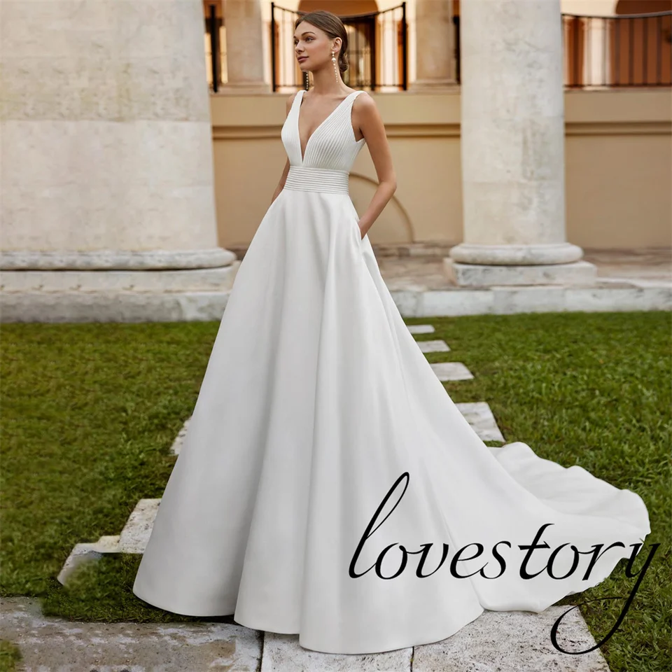 Line Jednoduché saténové svadobné šaty s vreckami v krku rukávové rukávy Svadobné šaty sexy bezprostredné nevesty šaty Vestido de noiva