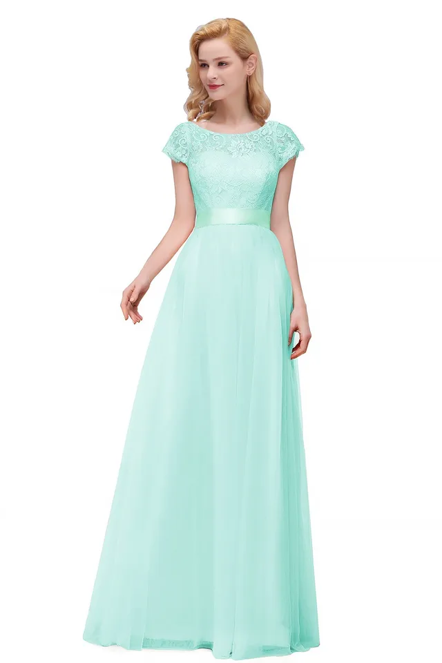 Line čipky družičky šaty pre ženy s krátkym rukávom Elegantné tyl tylu formálne svadobné plesové večerné večierky Maxi Gowns s opaskom