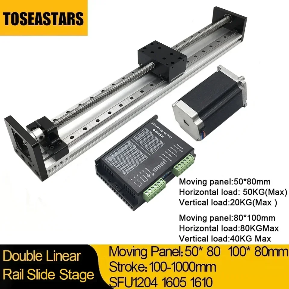 Lineárna vodiaca zábradlia Stage Dvojitá lineárna koľajnica xyz osi 100-1200 mm zdvihová skrutka SFU1204 1605 1610 NEMA 23 Krokový motor