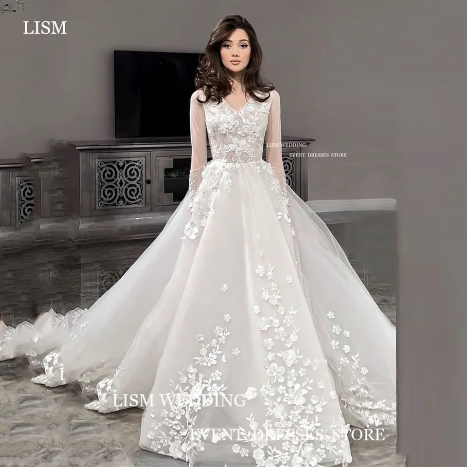 LISH 2025 Elegantné čipkové svadobné šaty 3D kvety V-krk dlhé rukávy podlahová dĺžka A-line svadobné šaty robe de mariage zvyk