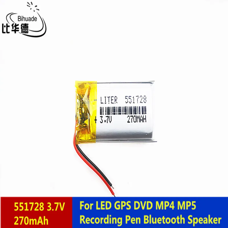 Liter energetická batéria 3,7 V 270 mAh 551728 Littium Polymer Lipo Libargetable batéria pre LED GPS DVD MP5 nahráva