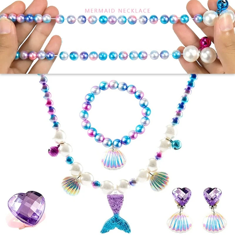 Little Girls Mermaid Imitácia faux perlové korálky svetlo modré ružové šperky set 5x F0S4