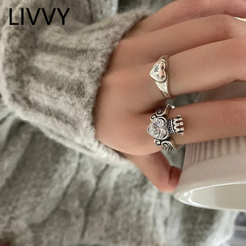Livvy Fashion Strieborná farba princezná Tiara Koruna šumivé milostné srdcové prstene pre ženy pár Vintage módne šperky darček