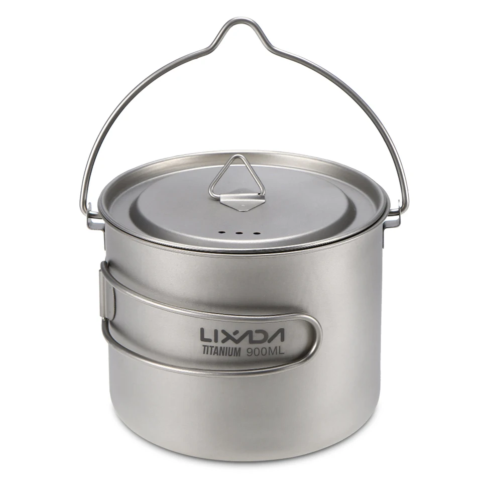 Lixada 900 ml / 1600 ml titánového pohára Ultragiight prenosný pohár visiaci hrniec s vekom a skladacou rukoväťou vonkajšou kempingovou turistikou
