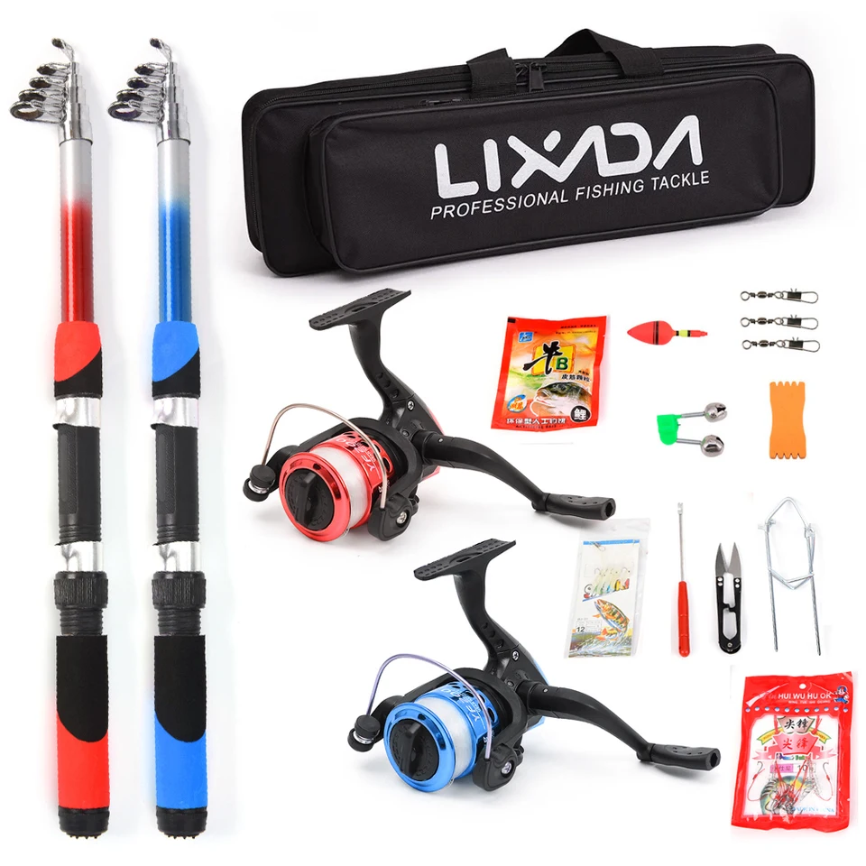 Lixada Fishing Roel Combo Combo Full Kit s 2ks 2,1 m teleskopickými rybárskymi tyčami 2ks spinning cievok rybárske látky Hack príslušenstvo