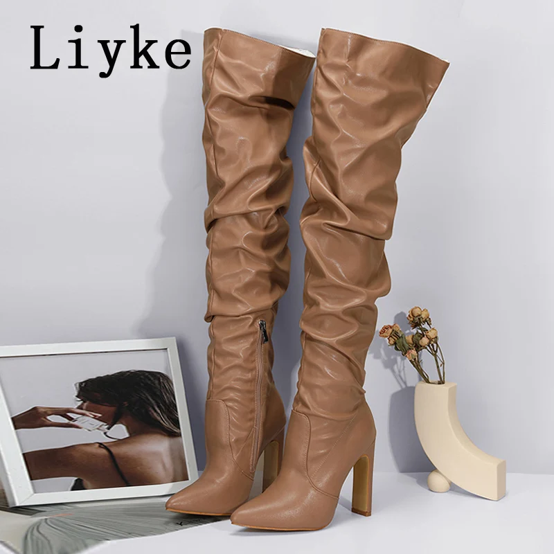 Liyke Fashion Design Preated Leather cez kolenné topánky Sexy špicatý špicat na špičke zips biele vysoké podpätky jesenné zimné dámske topánky
