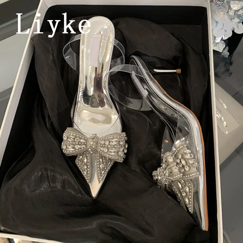 Liyke letné módne kamienky Ženy pumps pumps crystal Bowknot špicatý špičkový tenký pätný pätku ples topánky PVC priehľadný sandál