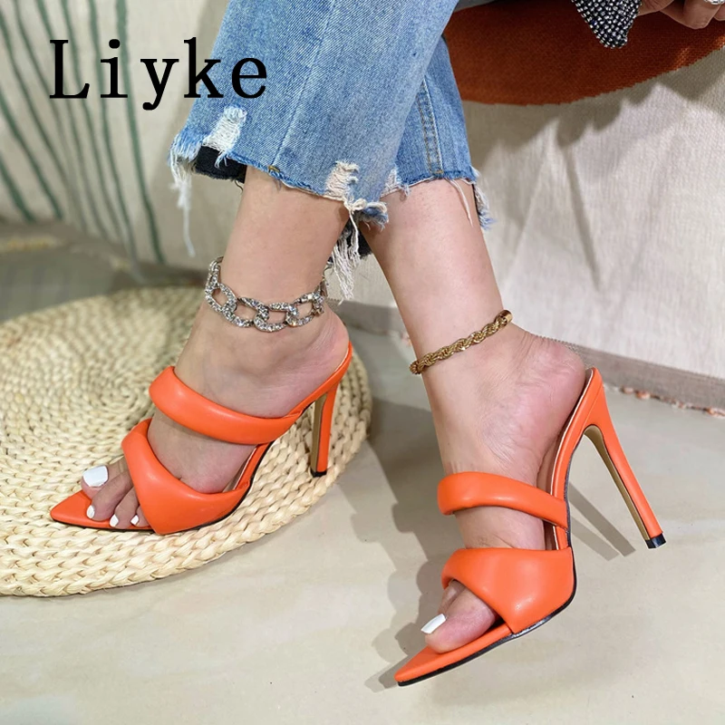 Liyke sexy vysoké podpätky Slipper for Women Summer Cozy PU kožená úzka kapela špicaté nohavice Stripper Stripper Party Sandal Mule topánky