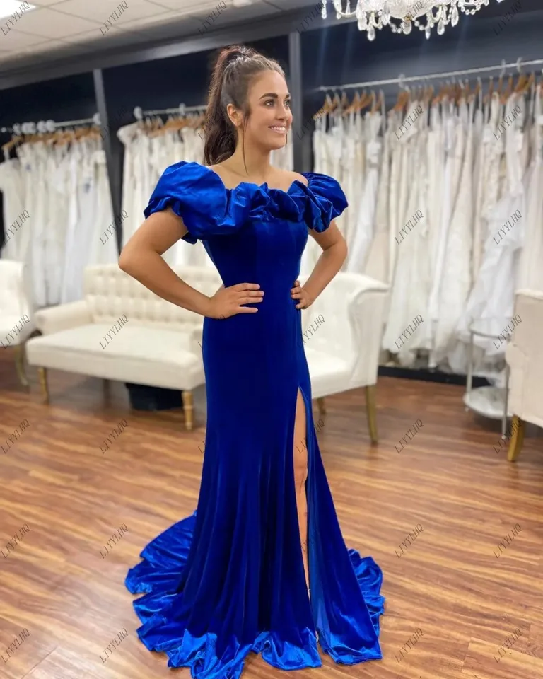 LiyylHQ Royal Blue Velvet Prom Dress Morská morská panna z ramienok Otvorené zadné popruhy Sprievodné šaty Formálne večierky Gala šaty