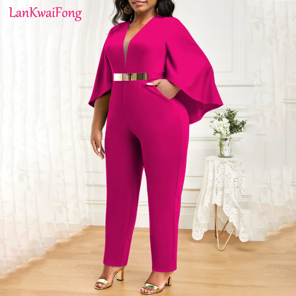 LKF Fashion Elegantná kombinéza Solid Color Bat Ruckve Sexy V-krk kombinéza v dochádzajúci