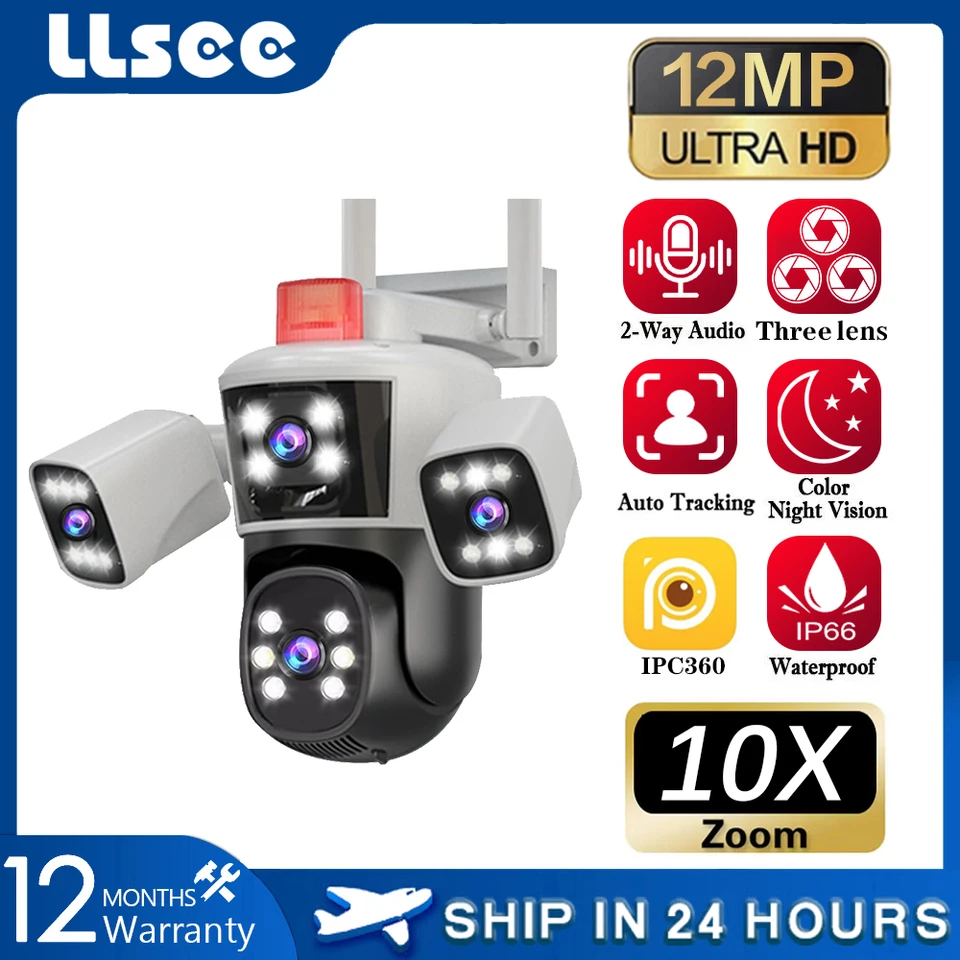 LLSEE WiFi Monitorovacia kamera 12MP 6K 3 šošovky CCTV Outdoor WiFi Camera WiFi Monitorovacia kamera IP fotoaparát PTZ ochrana ochrany proti bezpečnosti