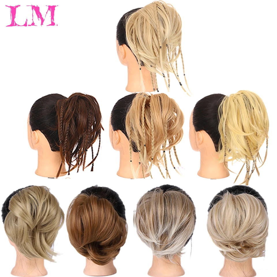 LM Syntetický priamy chignon s elastickou kapelou chaotický scrunchie zábal pre predĺženie copu pre ženy v spletení účesov