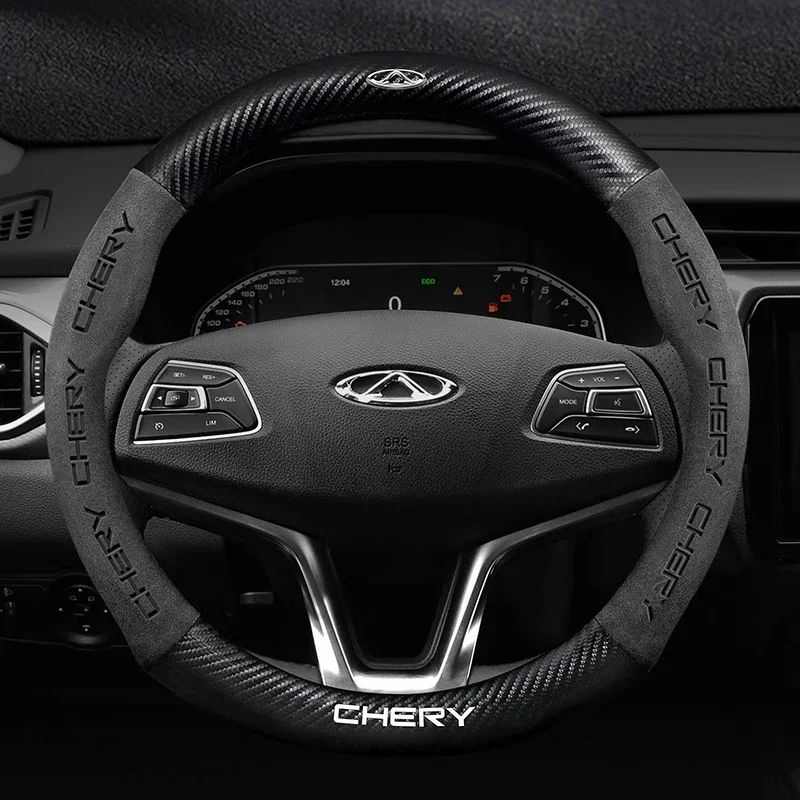 Logo CAR 3D Chery Suede Uhlíkové vlákno kryt volantu pre Tiggo 3 4 5 7 Pro 8 Plus Arrizo 7 GX 5X EQ7 Fulwin 2 Eastar A3 A3