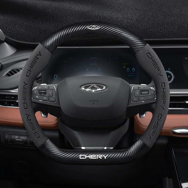 Logo Car Chery Suede Uhlíkové vlákno kryt volantu pre Tiggo 3 4 5 7 Pro 8 Plus Arrizo 7 GX 5X EQ7 Fulwin 2 Eastar A3 A3