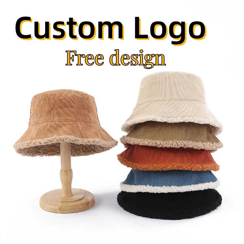 Logo nákladného loga reverzibilné faux kožušinové klobúky Ženy Zimný kordhuroy rybárske klobúky bob Lamb Wool Fleece Cap Hustý vetruprop Panama