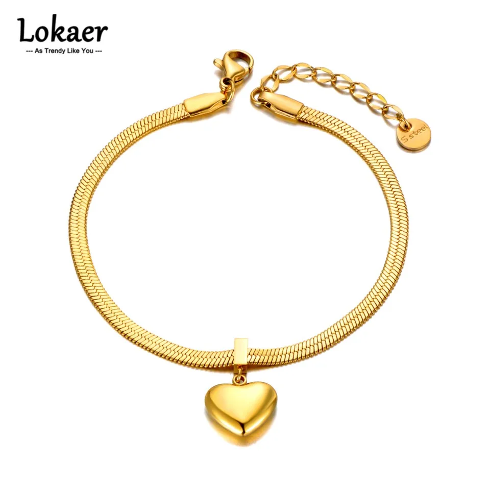 Lokaer 18k Zlaté náramky s kúzlami srdca pre ženy Dievčatá z nehrdzavejúcej ocele Hadový reťazec náramok šperky pulzeras majer b22090