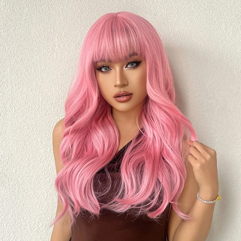 Lolita Cosplay Používajte dlhú ružovú vlnitú parochňu s treskami syntetické parochne pre biele ženy