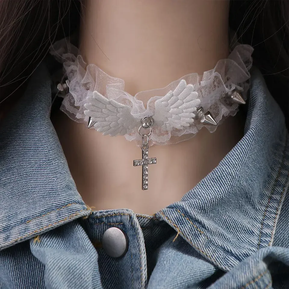 Lolita pevná farba dámsky náhrdelník široký čipkovaný anjelský krídla čipky choker jemný chladný kožený náhrdelník Denné opotrebenie