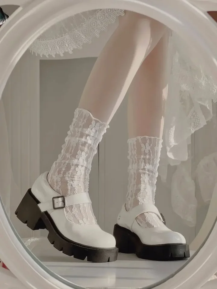 Lolita sladké biele hromadu ponožky Ženy sieťové rybolovné shink nylonové hodváb retro kvetinové čipky ponožky dám