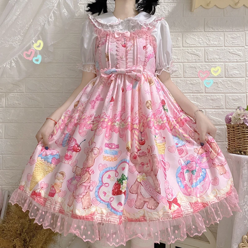 Lolita šaty Ženy kawaii lolita jsk šaty roztomilé luk medveď tlač Pink Ruffy Vintage Zostrihajúca čipka s vysokým pásom dievčenské šaty remienok