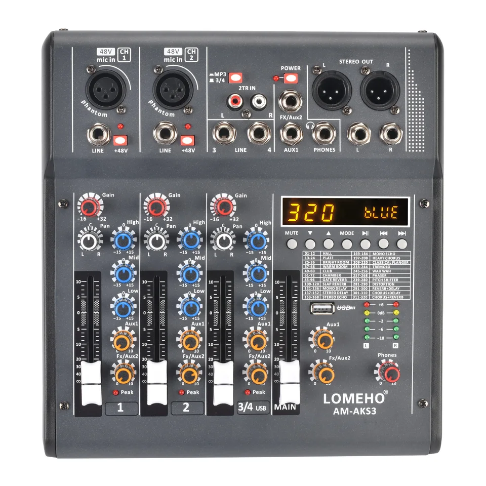 LOMEHO 320 DSP Effects Audio Mixer 2 AUX Výstup 4 kanály Zvuk Mixing Console Table Tabuľka individuálne 48V Phantom Bluetooth AM-ACS3