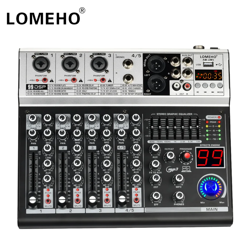 LOMEHO 5 Channel Audio Mixer 99 DSP Effect Bluetooth 48V Zvukový stôl USB PC PLAW RECORD MAIMATION Console Show Radio AM-UM5