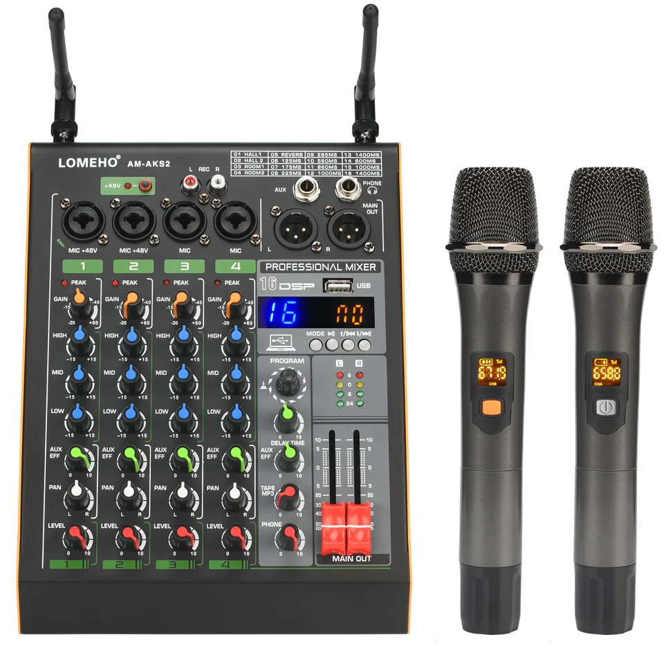 LOMEHO Professional Sound Mixing Console 4 Channel 16 Effect Audio Mixer s 2 nastaviteľnými frekvenčnými bezdrôtovými mikrofónmi AM-ACS2