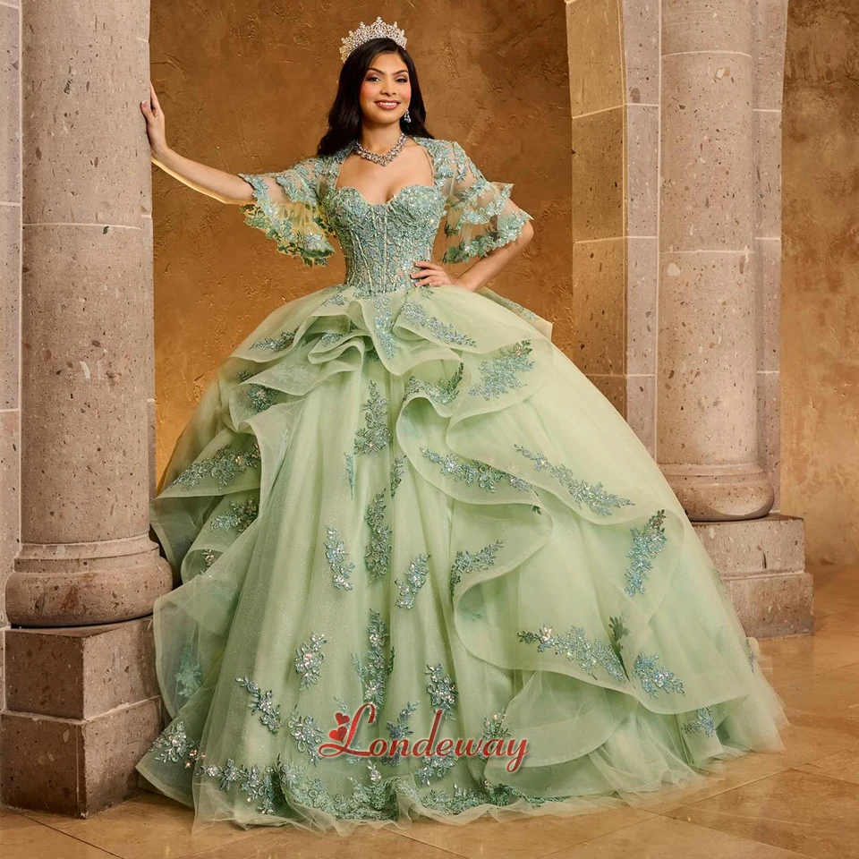 Londeway Modern Tulle Ball Gown Lace Lace Appliques Ruffles Flare rukávy korzet podlahová dĺžka Vestidos de 15 quinceanera prispôsobená