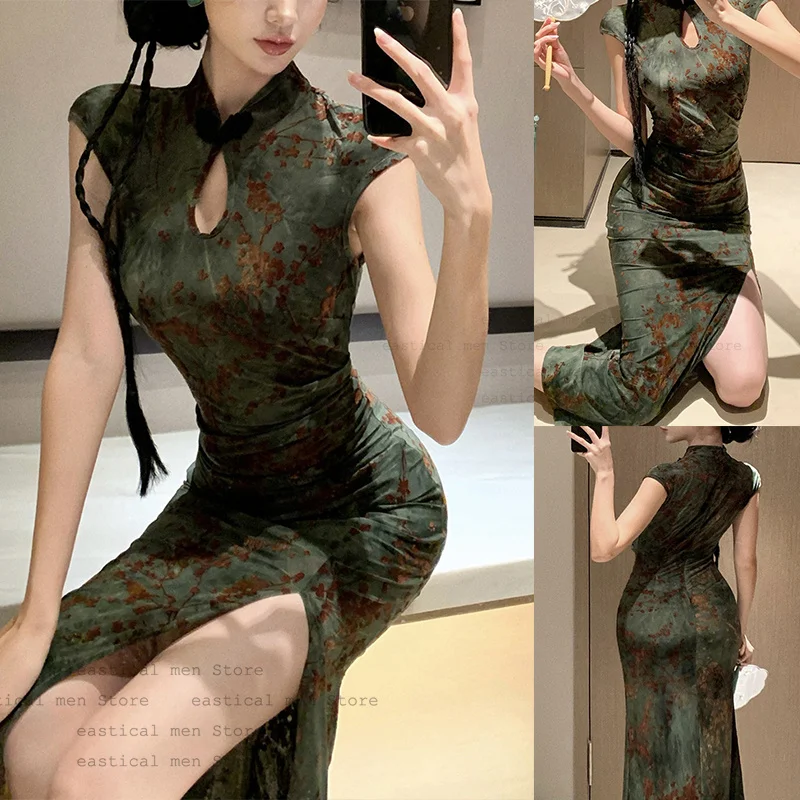 Long Cheongsam Sexy Hollow Out golier qipao lady elegantné párty šaty tesné vesty nové šaty čínskeho štýlu 2025 jar nový