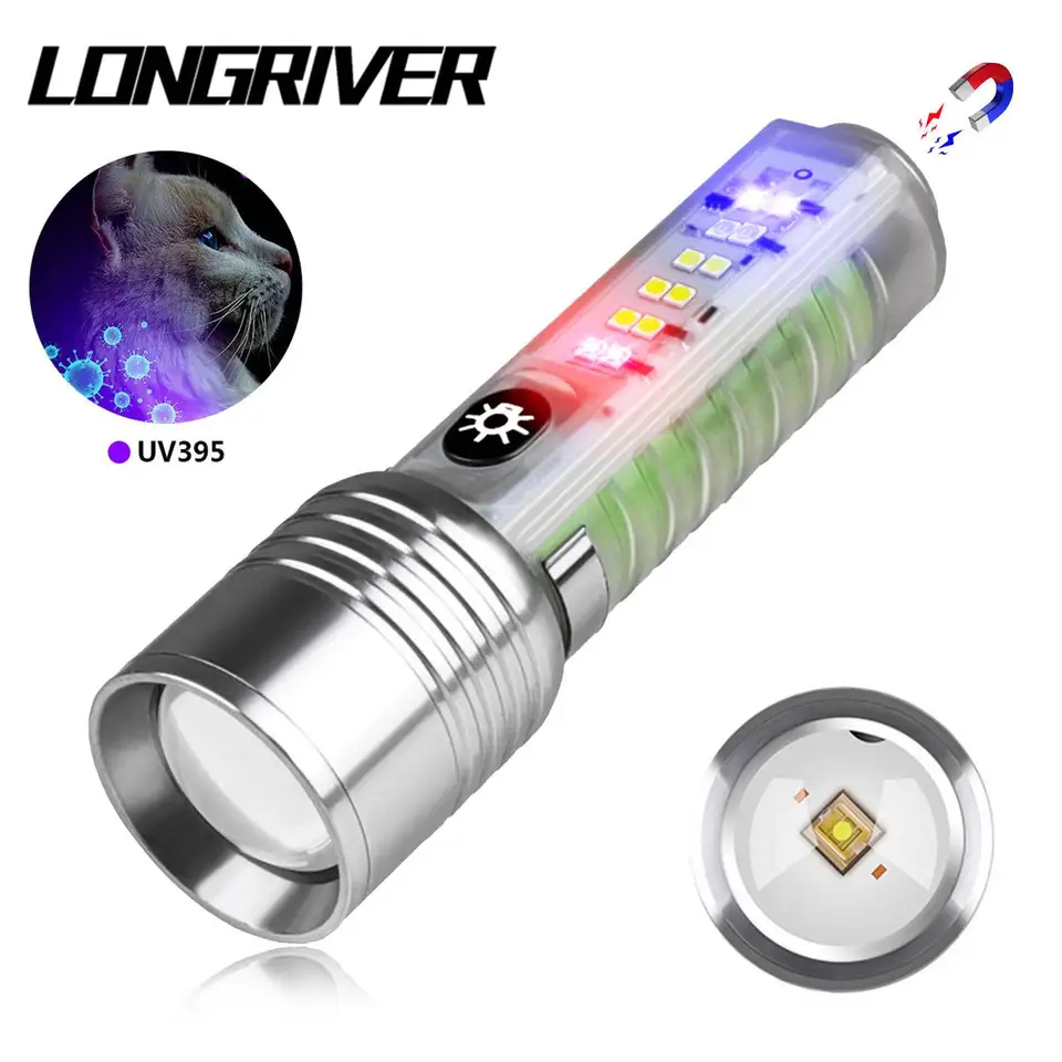 Longriver 520A LED baterka typu C Nabíjateľné mini kľúče svetlo s chvostom magnetu UV svetlo Multifunkčná prenosná baterka