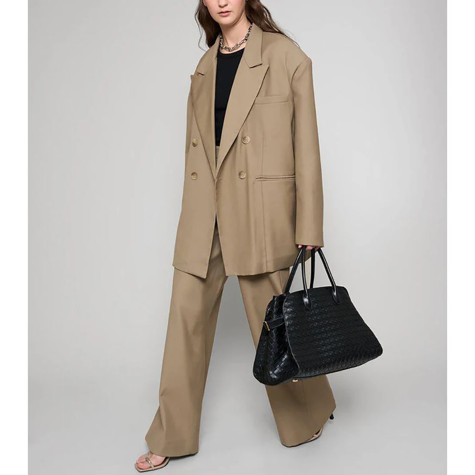 Loose Khaki Double Breast Women Pants Set High-end Female Dva kusy (bunda+nohavice) أطقم بناطيل