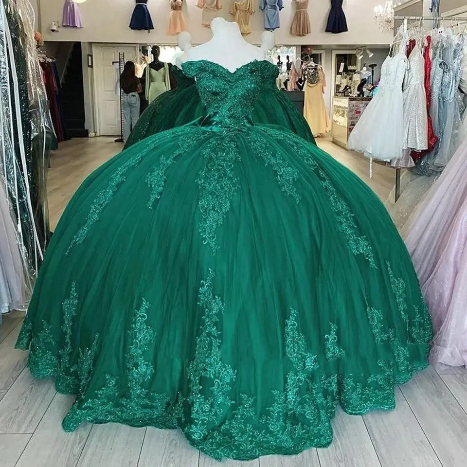 Lorencia Emerald Green Quinceanera šaty z ramenného luku kvetinové aplikácie čipky korálky korzet sladké 16 Vestidos de xv anos yqd404
