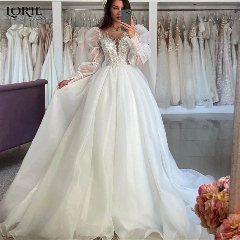 Lorie Bohemia Glitter Lace Lace Svadobné šaty O-krk A-line Puff rukávy lesklé svadobné šaty