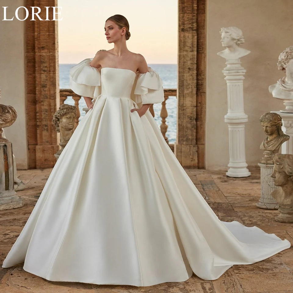 Lorie elegantné saténové svadobné šaty bez rukávov na prasknutie A-line Pleen Bride Prom šaty 2025 Romantické svadobné šaty Prispôsobené