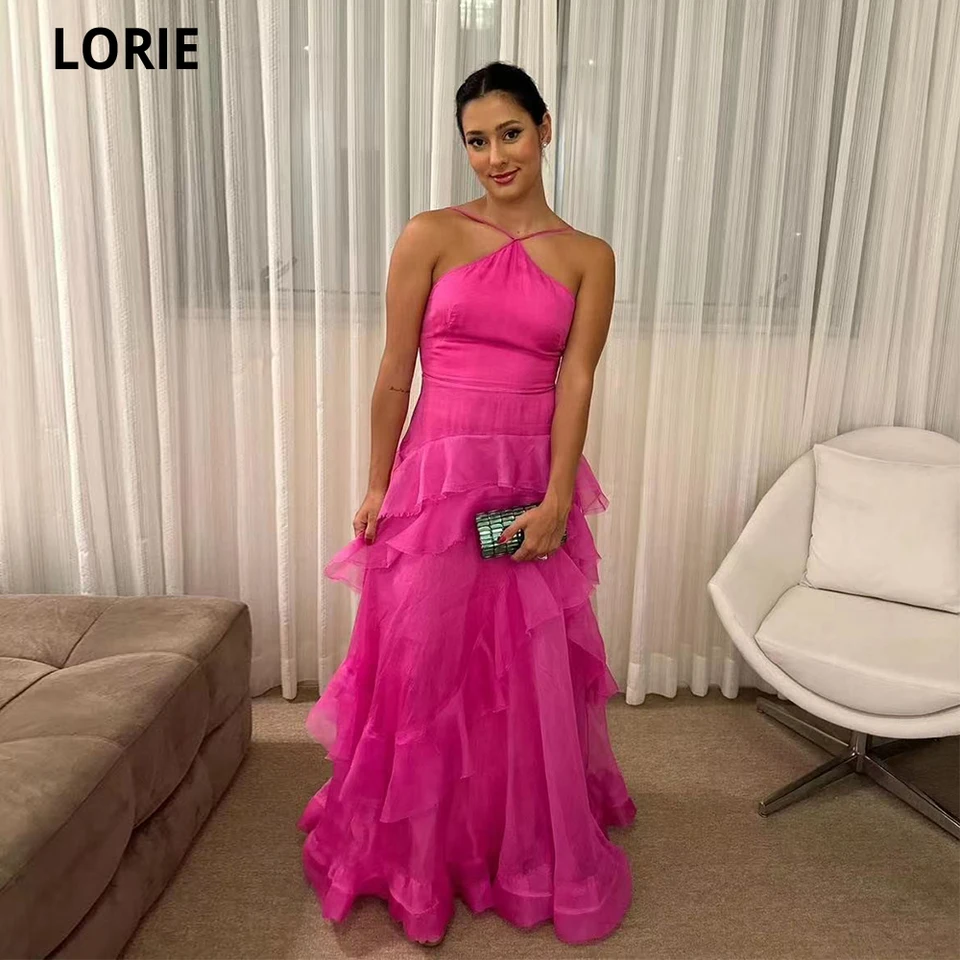 Lorie Fuchsia Tulle Party Dayses Sexy Backless A-line odstupňované plesové šaty s dlhým zápisom Formálne príležitosti šaty Vestidos de Gala
