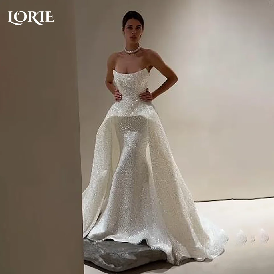 Lorie Vintage Glitter Lace Lace Svadobné šaty morská panna lesklé zlatíčko Flitre Svadobné šaty Princezná iskrivá nevesta prispôsobená