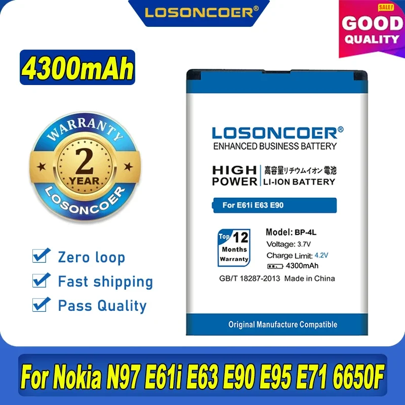 Losoncoer 4300MAH BP-4L BL-4L batéria pre Nokia E61i E63 E90 E95 E71 6650F N97 N810 E72 E52 na sklade