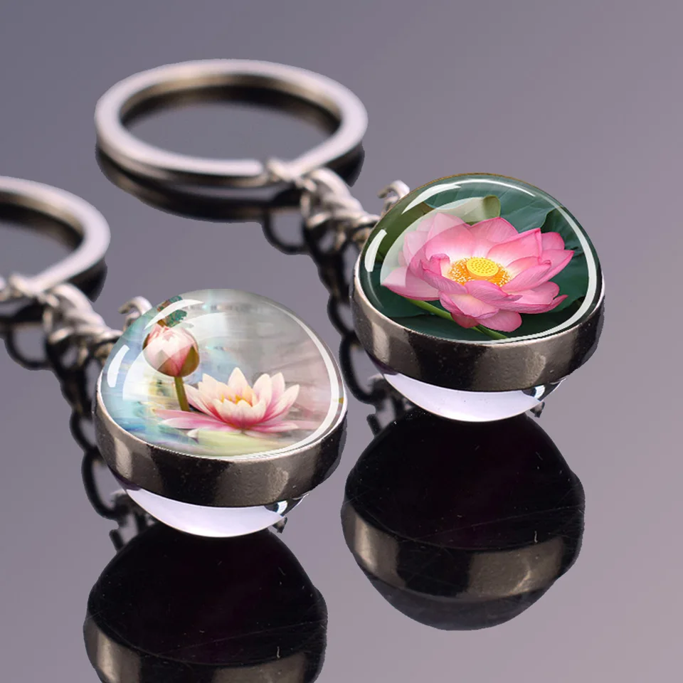 Lotus Flowers Keychains kvetina dvojité bočné sklo guľa Prívesok kľúča kľúča Krásna voda Lily Keyring módne šperky doplnky