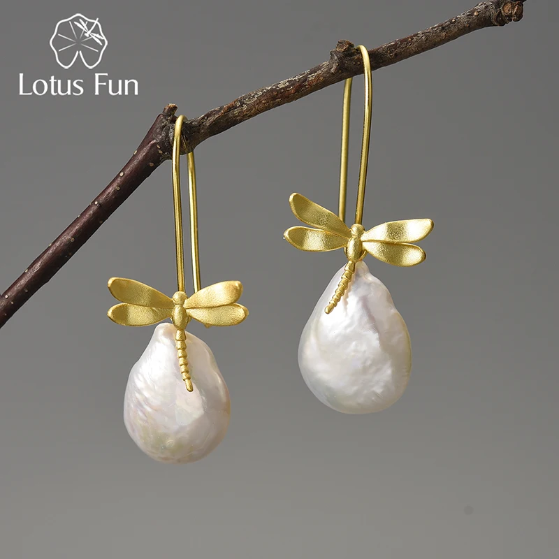 Lotus Fun Natural Stone Dragonfly francúzsky barokový perla odnímateľné náušnice pre ženy skutočné 925 Sterling strieborné luxusné jemné šperky
