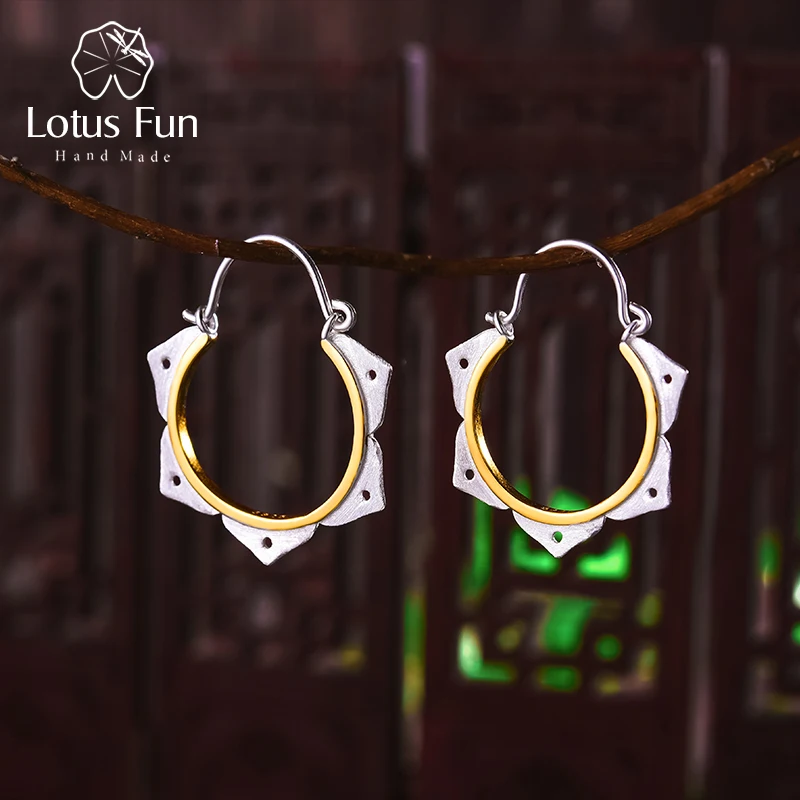 Lotus Fun Real 925 Sterling Silver Natural Creative Ručne vyrábané jemné šperky Minimalistické náušnice kvetov pre ženy
