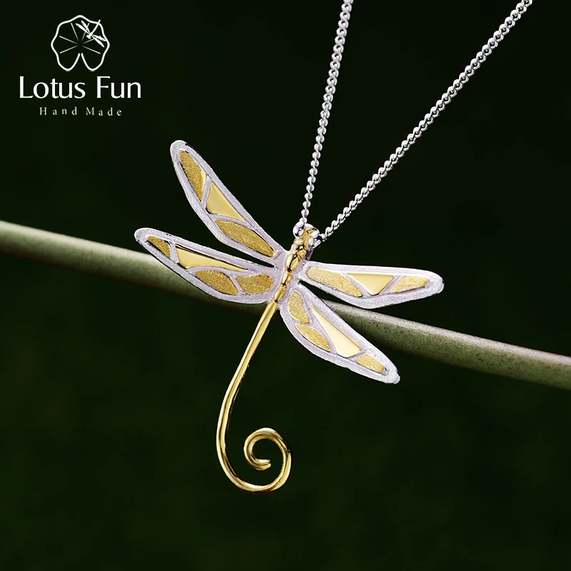 Lotus Fun Real 925 Sterling Silver Prírodné ručne vyrobené jemné šperky 18k zlato Cute Dragonfly prívesok bez náhrdelníka pre ženy darček