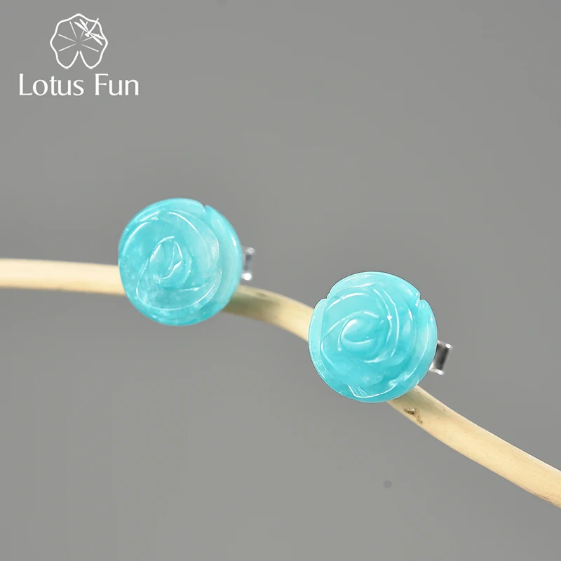 Lotus Fun Romantic Natural Amazonit Stone Broken Ice Blue Rose Flower Stud For -Stuž
