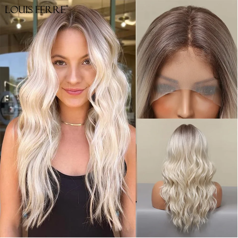 Louis Ferre 13*1 T Časť čipka predná parochňa pre biele ženy dlhé blond telové vlnité syntetické parochne Ombre Platinum prírodné vlasové vlasy