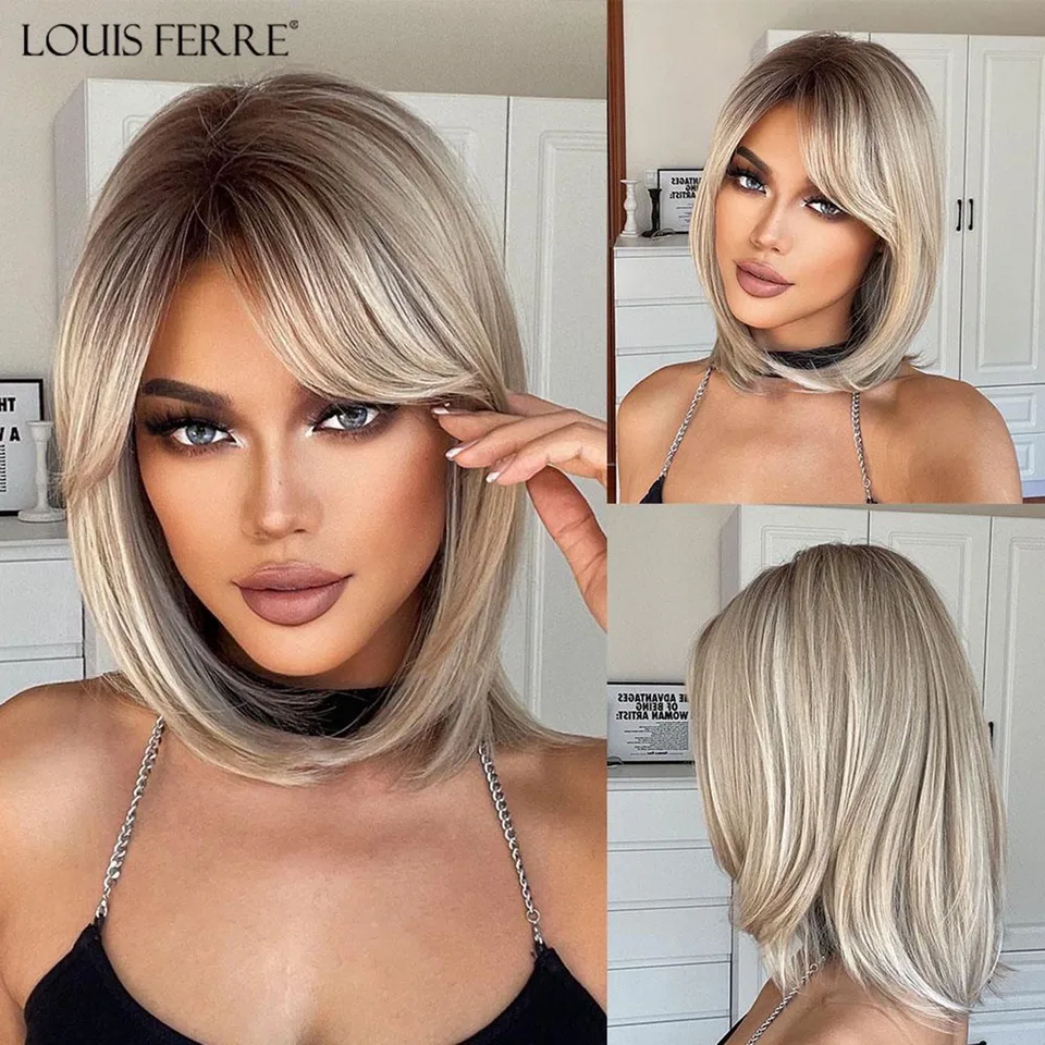Louis ferre blondínka krátke vrstvené rovné parochne ombre blondínka bočné rozlúčku syntetické vlasové parochňu na prírodné vyzerajúce tepelne odolné vlákno odolné voči teplu
