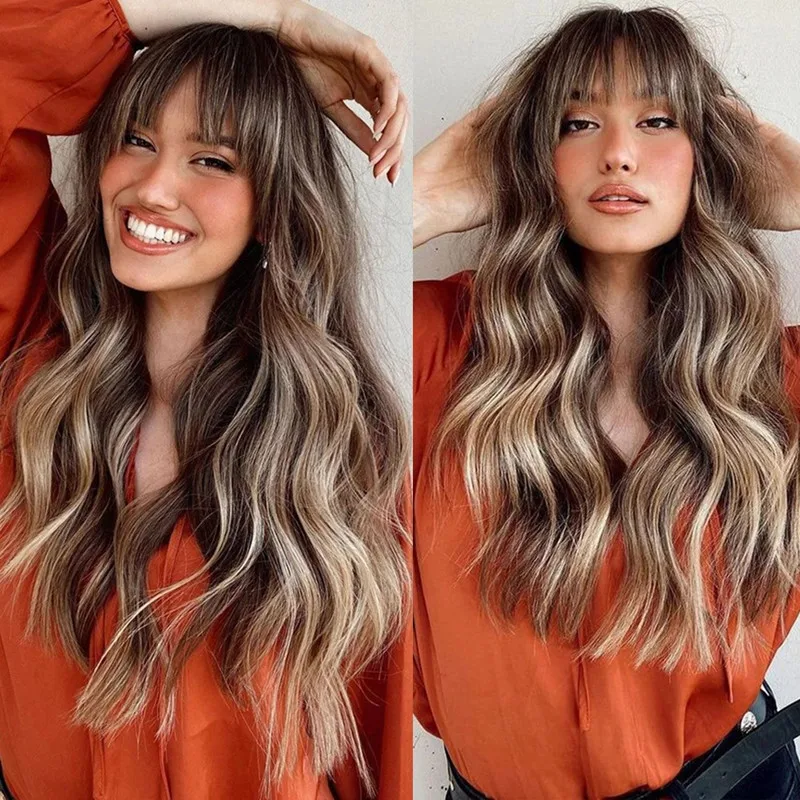 Louis Ferre Long Wave Brown Hnedo Parochne s ranou pre ženy Ombre Brown Syntetická parochňa s tmavými koreňmi prírodné vyzerajúce vlasy