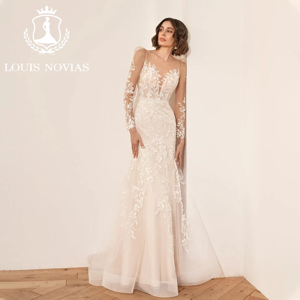 Louis Novias Mermaid Svadobné šaty pre ženy Sexy slova rukáv srdiečko polotransparentné gombíky Svadobné šaty Vestido de novia