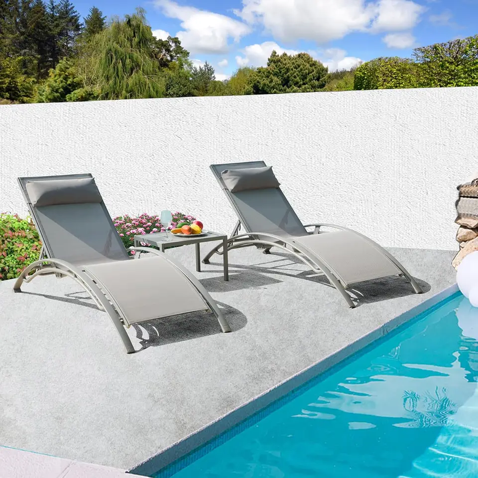 Loungeova stolička sada 3 hliníkových ležadiel pre vonkajšiu stranu s 5 nastaviteľnými pozíciami ležadla Lounge Outdoor pre bazén (šedá)